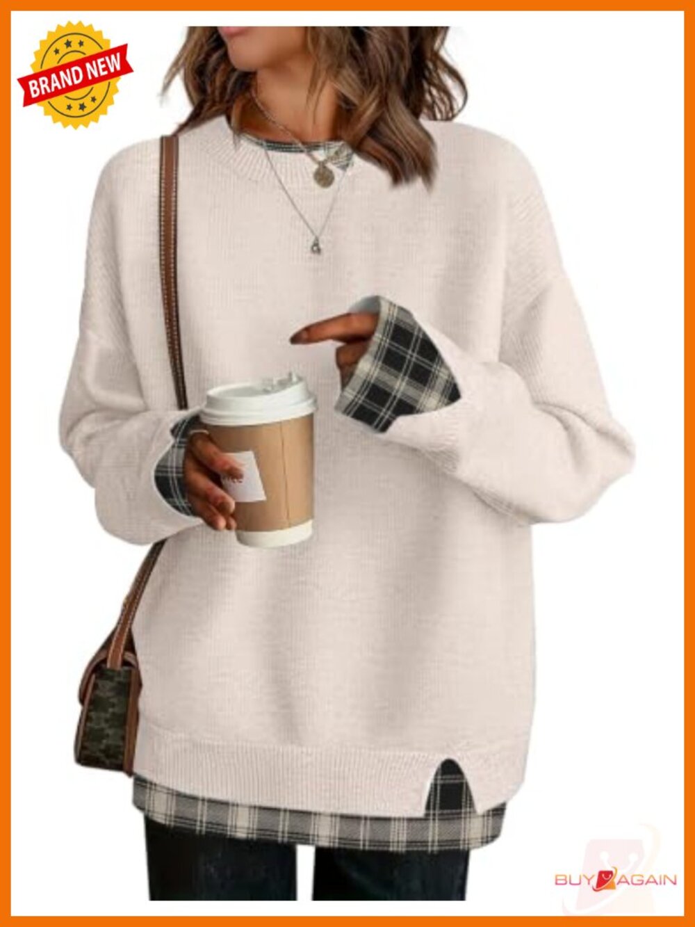 ETCYY Womens Oversized Knit Sweater Crew Neck Drop Shoulder Patchwork